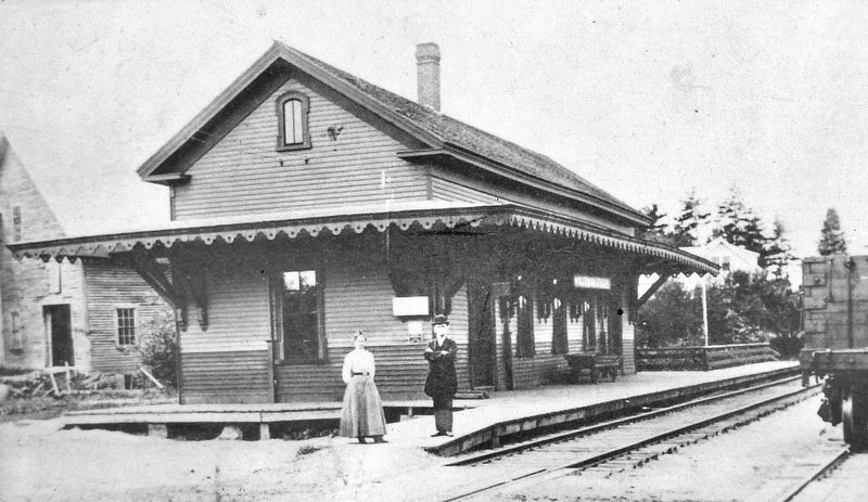 Marker detail: Wolfeboro Falls Railroad Station<br>(<i>circa 1900</i>). Click for full size. Marker detail: Wolfeboro Falls Railroad Station<br>(<i>circa 1900</i>) image. Click for full size.