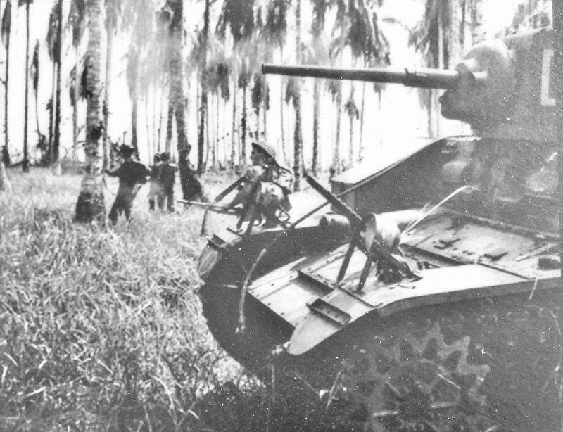 Marker detail: Australian Infantry with Stuart Tank at Buna, New Guinea. Click for full size. Marker detail: Australian Infantry with Stuart Tank at Buna, New Guinea image. Click for full size.