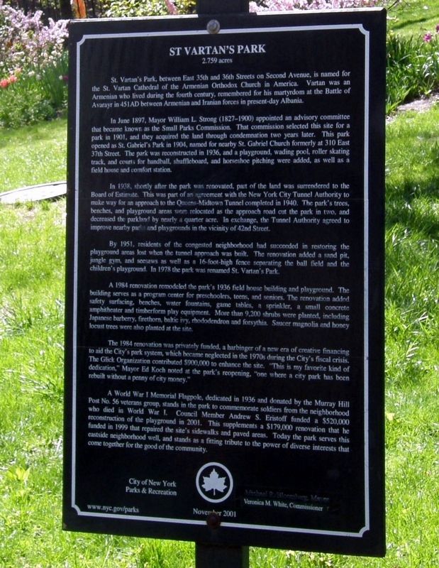 St. Vartan’s Park Marker. Click for full size. St. Vartan’s Park Marker image. Click for full size.