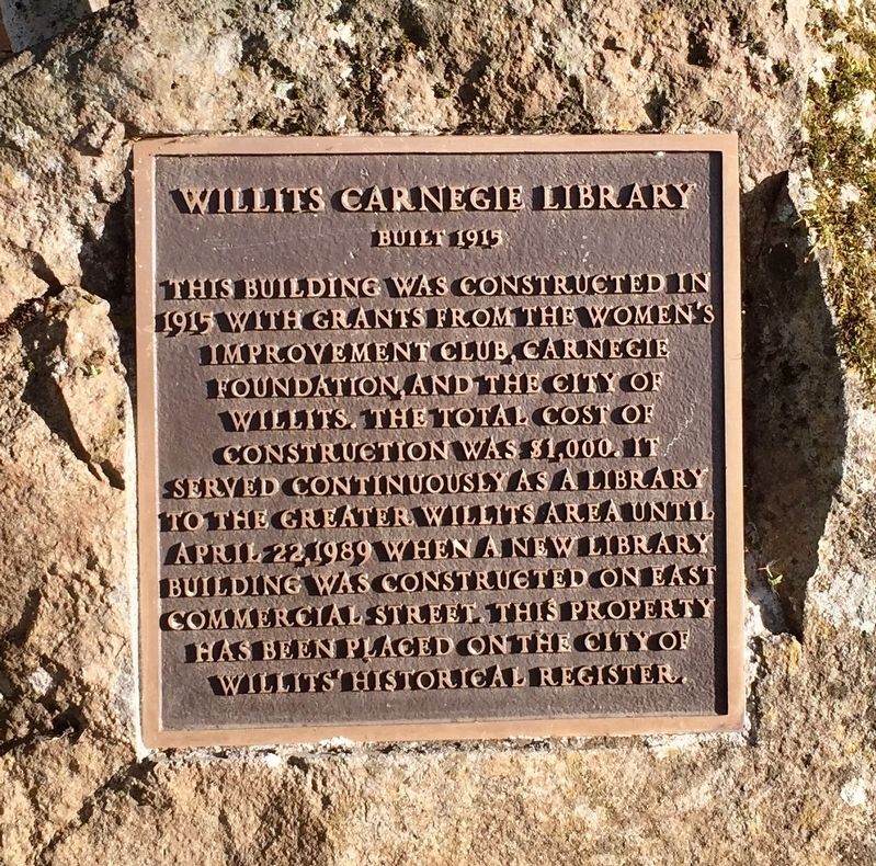 Willits Carnegie Library Marker. Click for more information. Willits Carnegie Library Marker image. Click for more information.