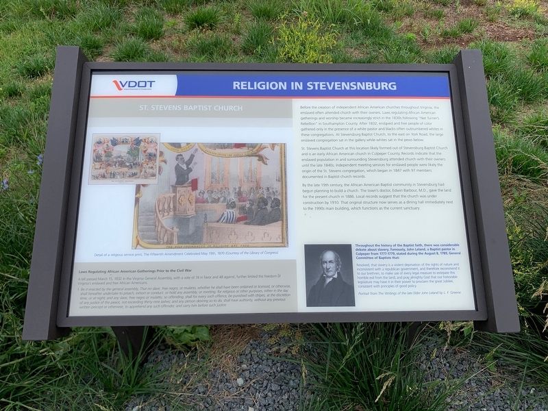 Religion in Stevensburg Marker. Click for full size. Religion in Stevensburg Marker image. Click for full size.
