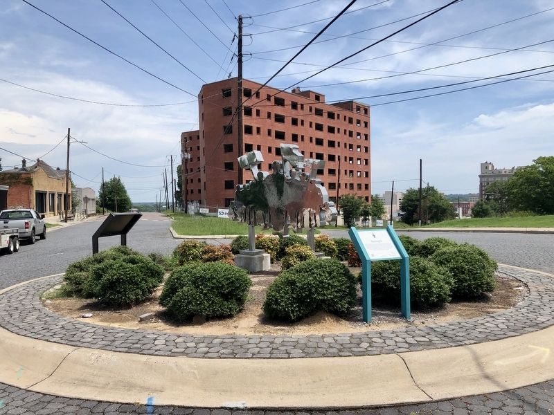 Marching On marker and sculpture looking north.. Click for full size. Marching On marker and sculpture looking north. image. Click for full size.