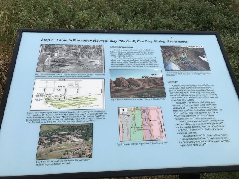 Stop 7: Laramie Formation (68 mya) Clay Pits Fault, Fire Clay Mining, Reclamation Marker image. Click for full size.
