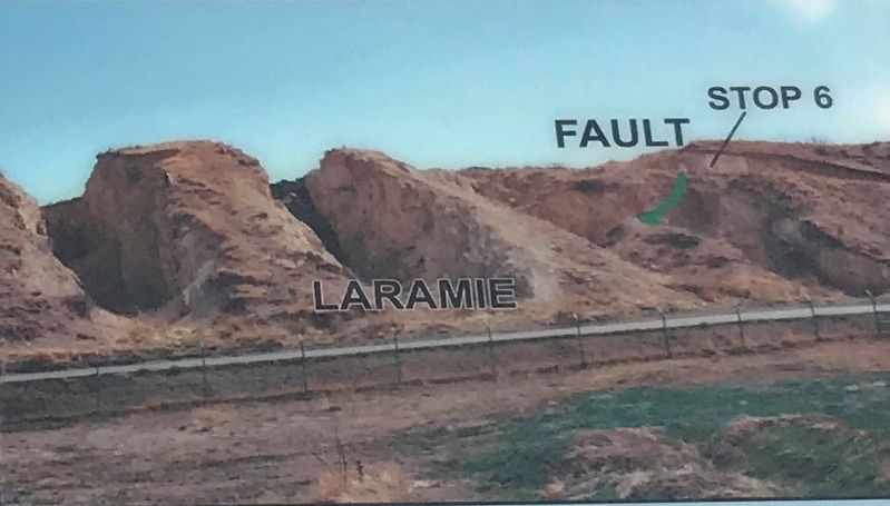 Stop 7: Laramie Formation (68 mya) Clay Pits Fault, Fire Clay Mining, Reclamation Marker Detail image. Click for full size.