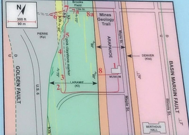 Stop 7: Laramie Formation (68 mya) Clay Pits Fault, Fire Clay Mining, Reclamation Marker Detail image. Click for full size.