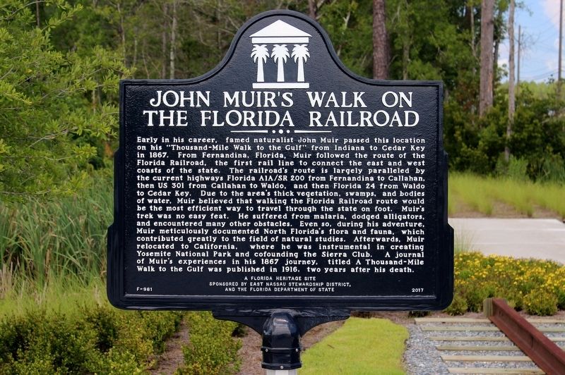 John Muir's Walk on the Florida Railroad Marker image. Click for full size.