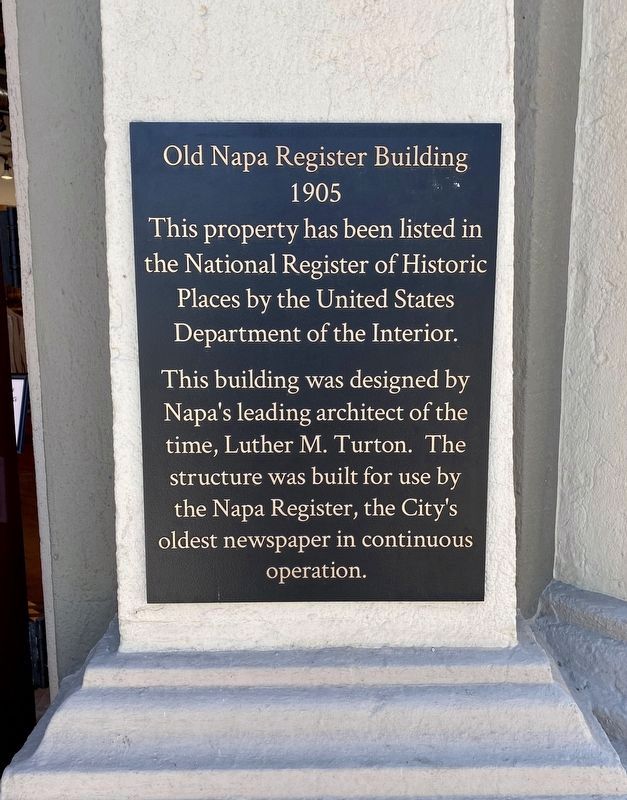 Old Napa Register Building, 1905 Marker - left plaque image. Click for full size.