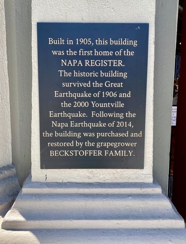 Old Napa Register Building, 1905 Marker - right plaque image. Click for full size.