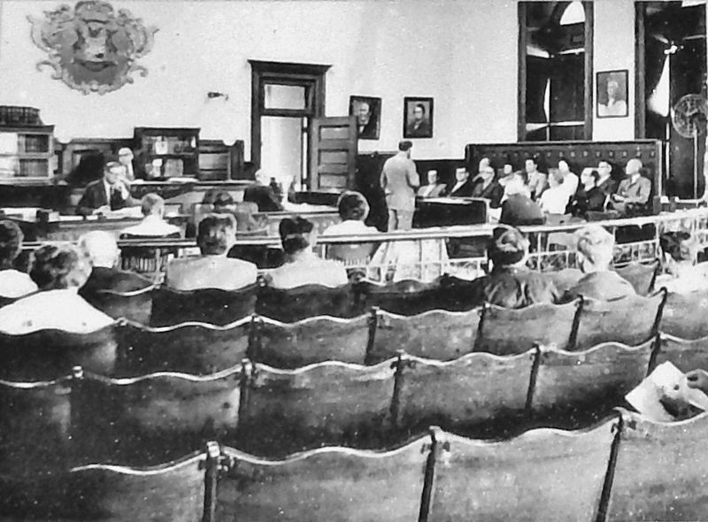 Marker detail: Last criminal trial in the 1890s courthouse, 1965 image. Click for full size.