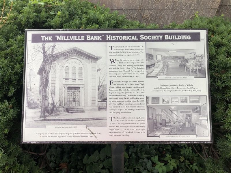 The "Millville Bank" Historical Society Building Marker image. Click for full size.