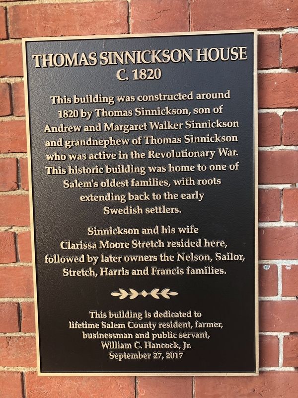 Thomas Sinnickson House Marker image. Click for full size.