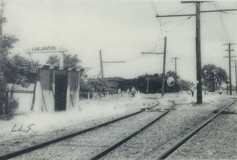 Marker detail: <i> Train near Las Juntas station, one stop south of Hookston Station, 1947</i> image. Click for full size.
