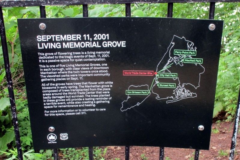 September 11, 2001 Living Memorial Grove Marker image. Click for full size.