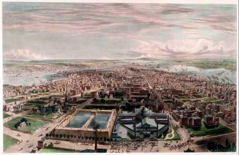 1850s lithograph showing the Croton Reservoir and The Crystal Palace image. Click for full size.