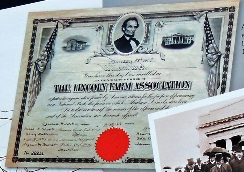 Marker detail: Lincoln Farm Association Certificate. Click for full size. Marker detail: Lincoln Farm Association Certificate image. Click for full size.