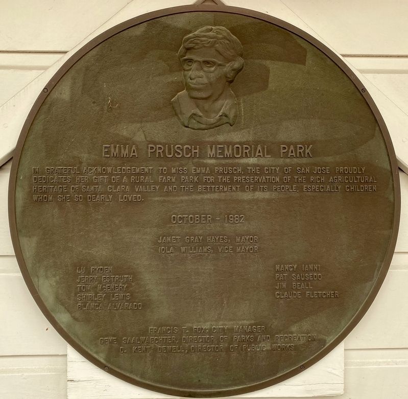 1982 Emma Prusch Park dedication plaque, attached to exterior of office building image. Click for full size.