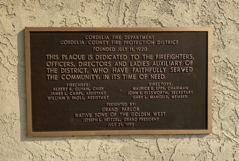 Native Sons of the Golden West commemorative plaque for the fire station image. Click for full size.