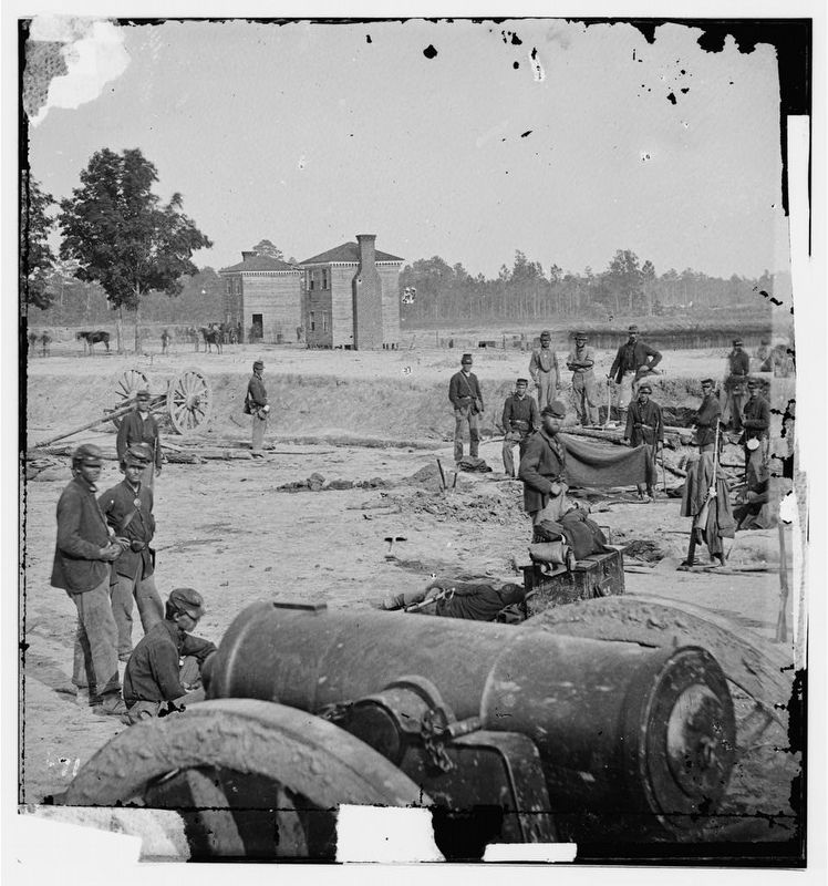 Seven Pines, Va. Twin houses on battlefield, with 32-pdr. field howitzer in foreground image. Click for full size.