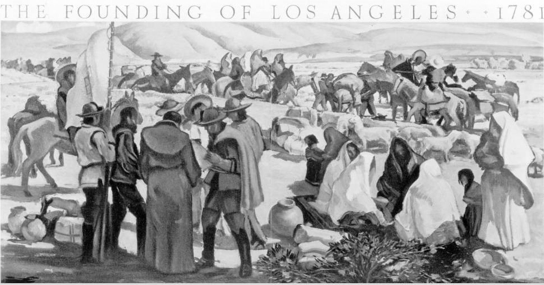 Mural painting which depicts the founding of Los Angeles photographed by Charles C. Pierce image. Click for full size.