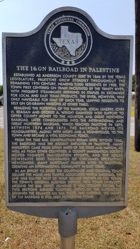 The I&GN Railroad in Palestine Marker image. Click for full size.
