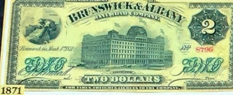 <i>(Middle Left)</i> 1871 Brunswick & Albany Railroad Company script image. Click for full size.