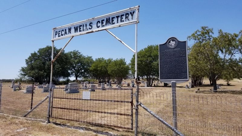 Pecan Wells Cemetery Gate and Marker image. Click for full size.