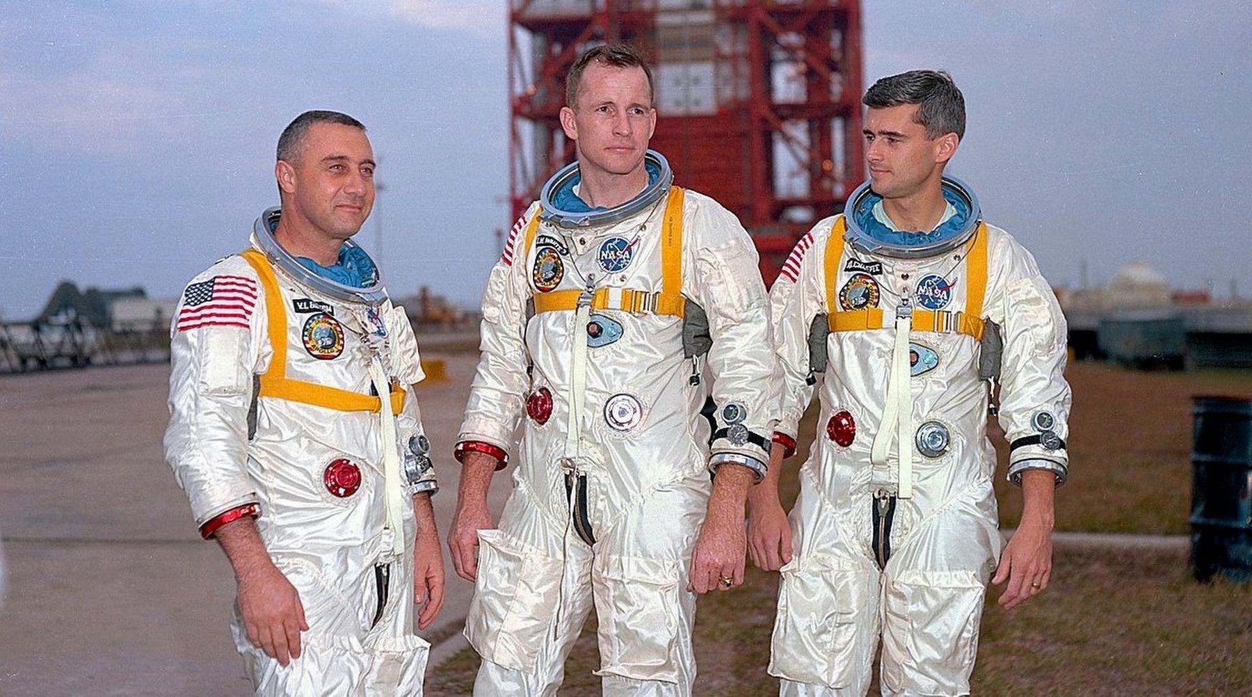 Astronauts Grissom, White, and Chaffee at Launch Complex 34. image. Click for full size.