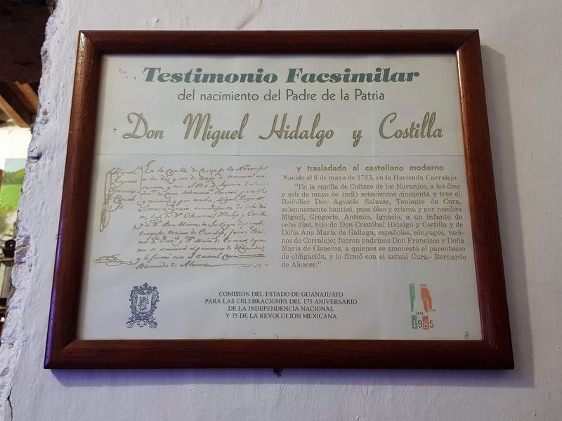 Commemorative fascimile of Miguel Hidalgo's birth and baptism certificate image. Click for full size.