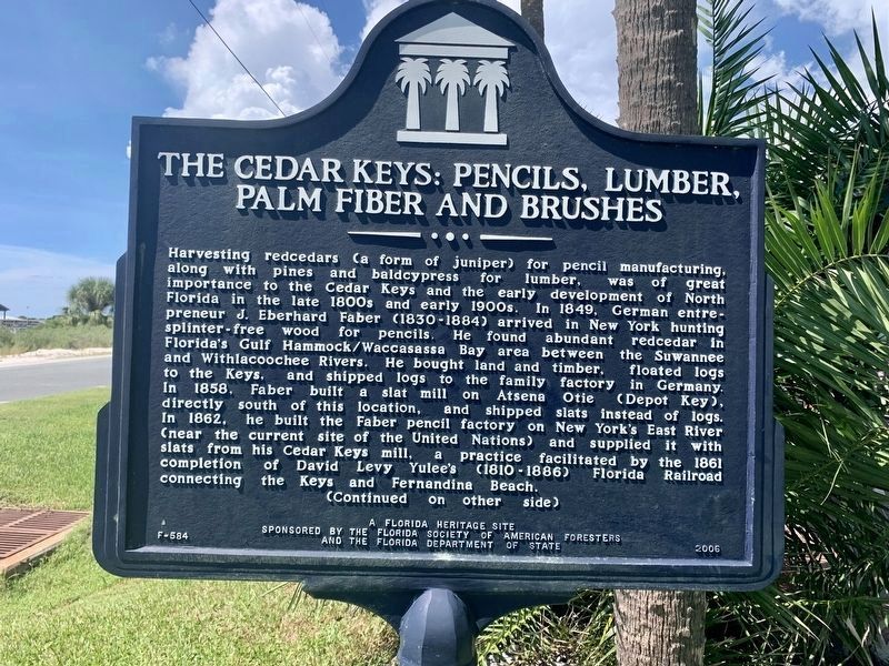 The Cedar Keys: Pencils, Lumber, Palm Fiber and Brushes Marker (side 1) image. Click for full size.