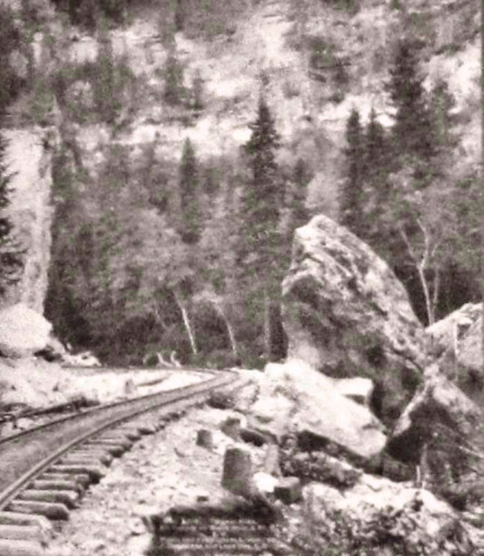 Marker detail: Railroad tracks near Signal Rock in Elk Canyon, 1890 image. Click for full size.