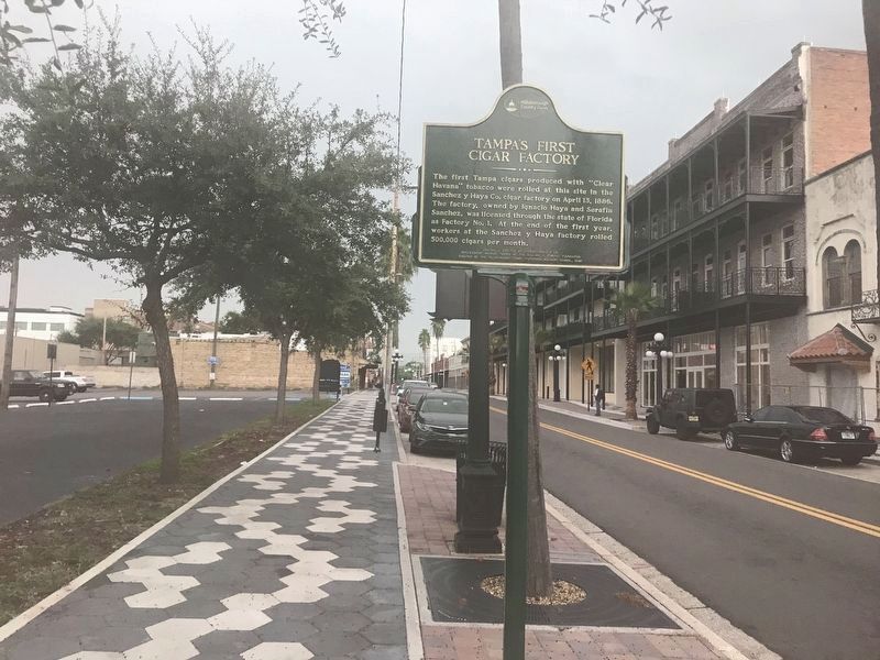 Tampa's First Cigar Factory Marker looking west. Click for full size. Tampa's First Cigar Factory Marker looking west image. Click for full size.