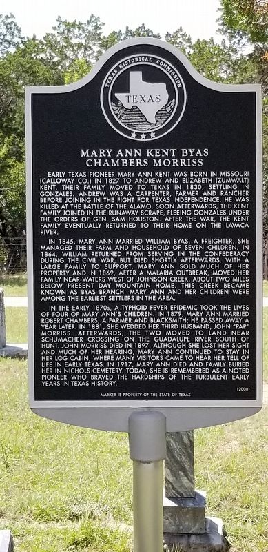 Mary Ann Kent Byas Chambers Morriss Marker image. Click for full size.