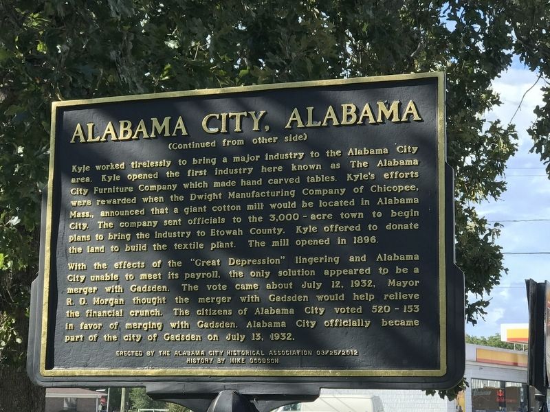 Alabama City, Alabama Marker (Back) image. Click for full size.