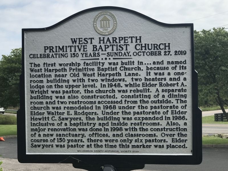 West Harpeth Primitive Baptist Church Marker (Back side) image. Click for full size.