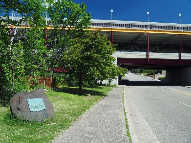 Marker alongside East River Parkway, south of the Washington Avenue Bridge. Click for full size. Marker alongside East River Parkway, south of the Washington Avenue Bridge image. Click for full size.