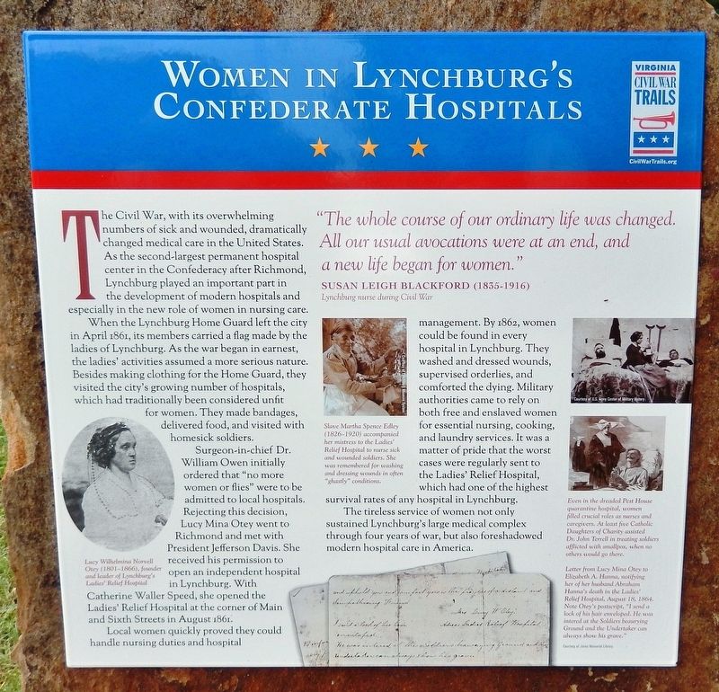 Women In Lynchburg's Confederate Hospitals Marker. Click for full size. Women In Lynchburg's Confederate Hospitals Marker image. Click for full size.
