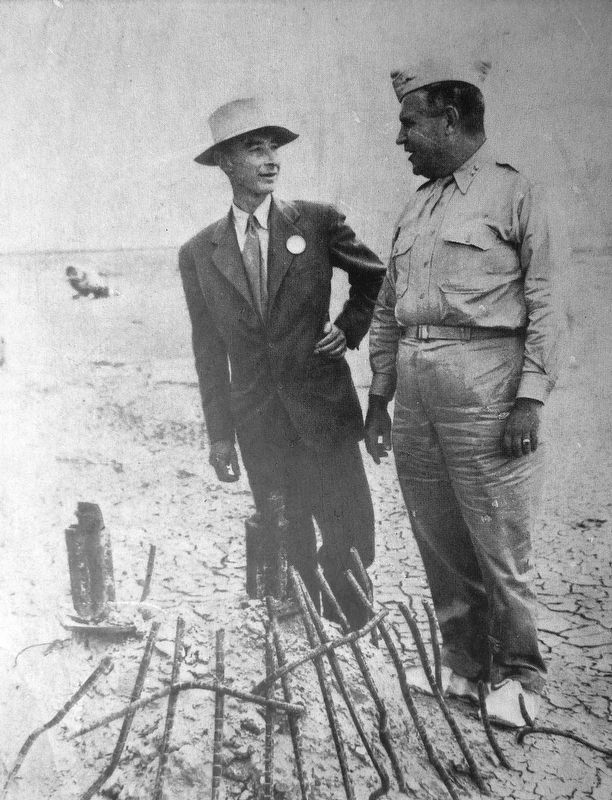 J. Robert Oppenheimer & Leslie R. Groves (<i>left photo</i>) image. Click for full size.