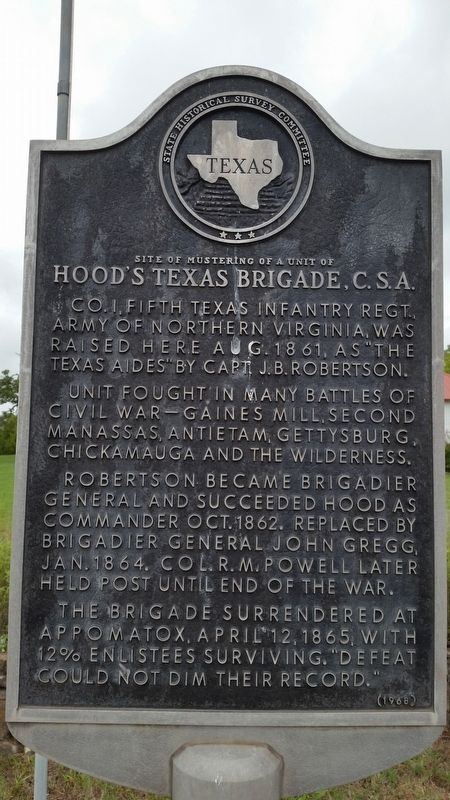 Site of Mustering of a Unit of Hood's Texas Brigade, C.S.A. Marker. Click for full size. Site of Mustering of a Unit of Hood's Texas Brigade, C.S.A. Marker image. Click for full size.