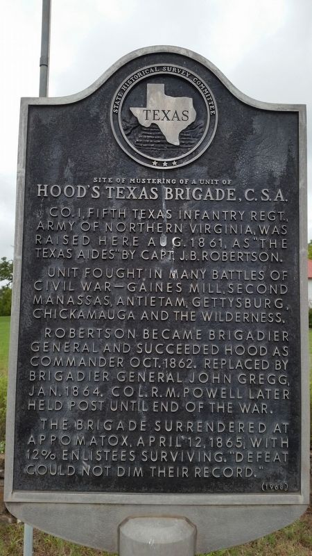 Site of Mustering of a Unit of Hood's Texas Brigade, C.S.A. Marker image. Click for full size.