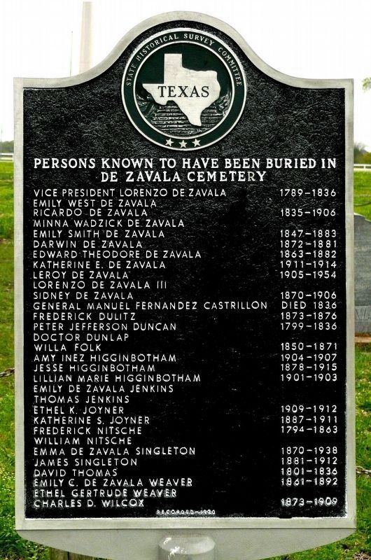 Persons Known to Have Been Buried in De Zavala Cemetery Marker image. Click for full size.