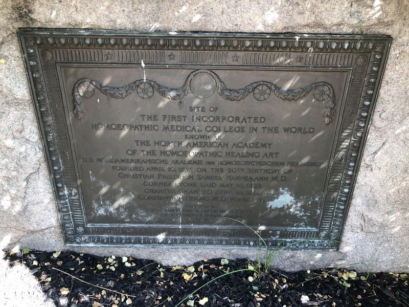 Site of the First Incorporated Homeopathic Medical College in the World Marker. Click for full size. Site of the First Incorporated Homeopathic Medical College in the World Marker image. Click for full size.