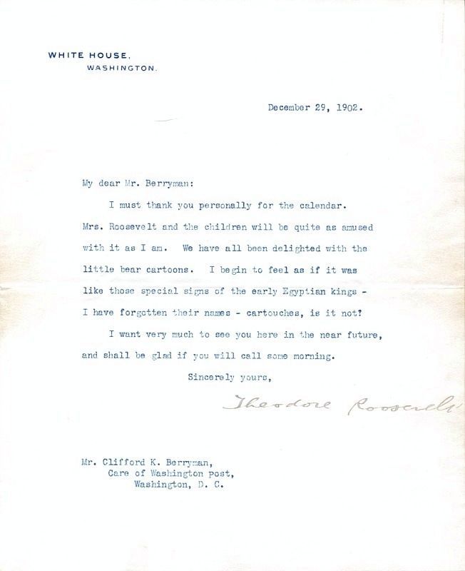 Letter from Theodore Roosevelt to cartoonist Clifford Berryman <i>(click on image to enlarge)</i> image. Click for full size.