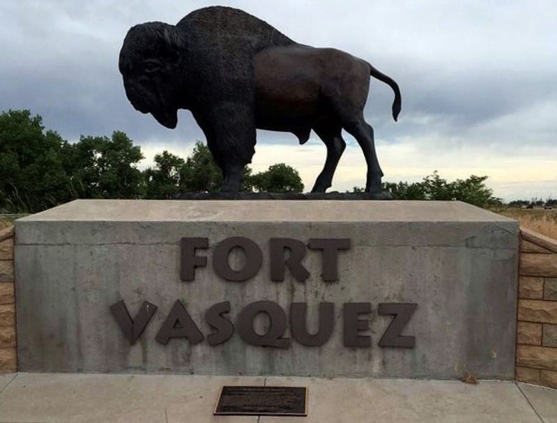 Fort Vasquez - Bison and dedication plaque. Click for full size. Fort Vasquez - Bison and dedication plaque image. Click for full size.