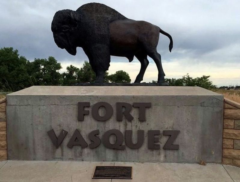 Fort Vasquez - Bison and dedication plaque image. Click for full size.