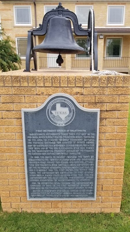 First Methodist Church of Goldthwaite Marker and Church Bell image. Click for full size.