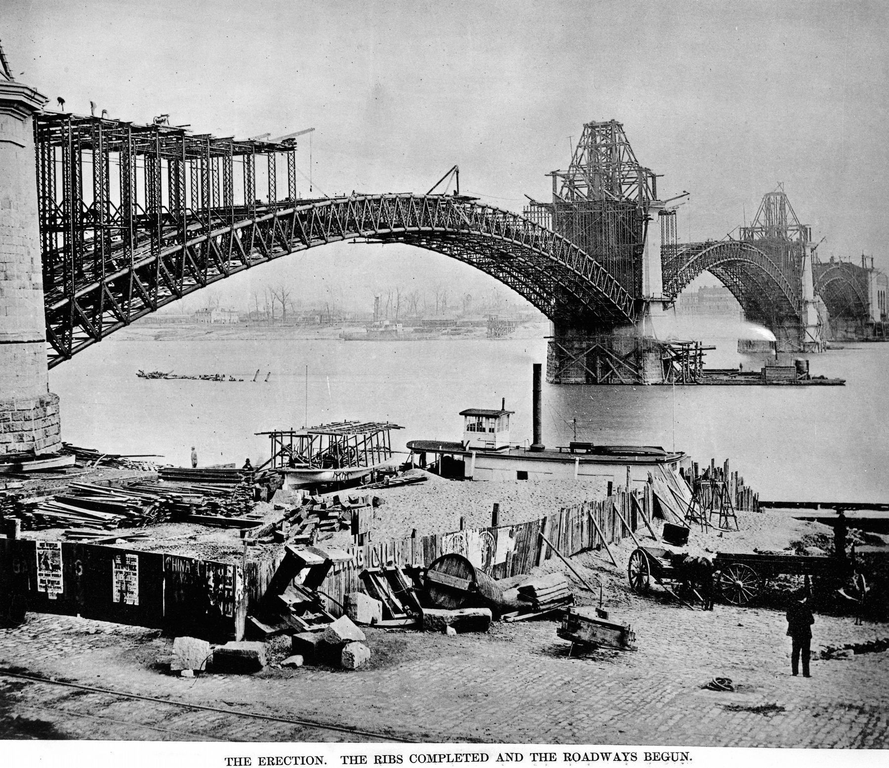 The St. Louis Bridge.<br>The Erection<br>The Ribs Completed and the Roadways Begun. image. Click for full size.