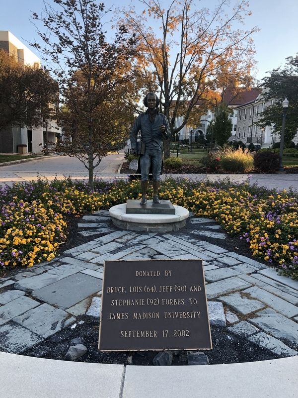 James Madison statue with dedication plaque image. Click for full size.