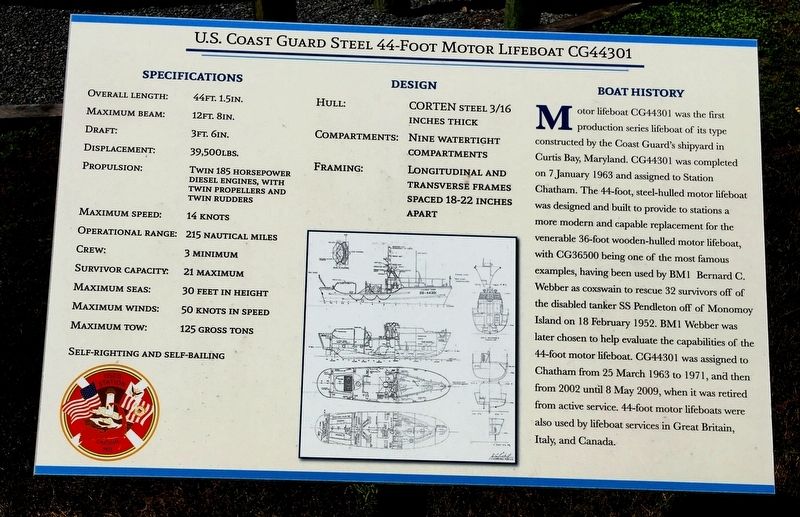 U.S. Coast Guard Steel 44-Foot Motor Life Boat CG44301 Marker image. Click for full size.