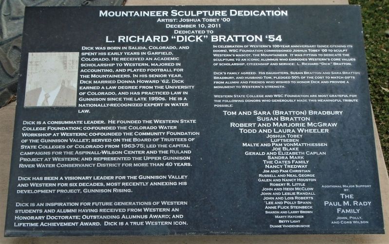 Mountaineer Sculpture Dedication/L. Richard "Dick" Bratton '54 Marker image. Click for full size.