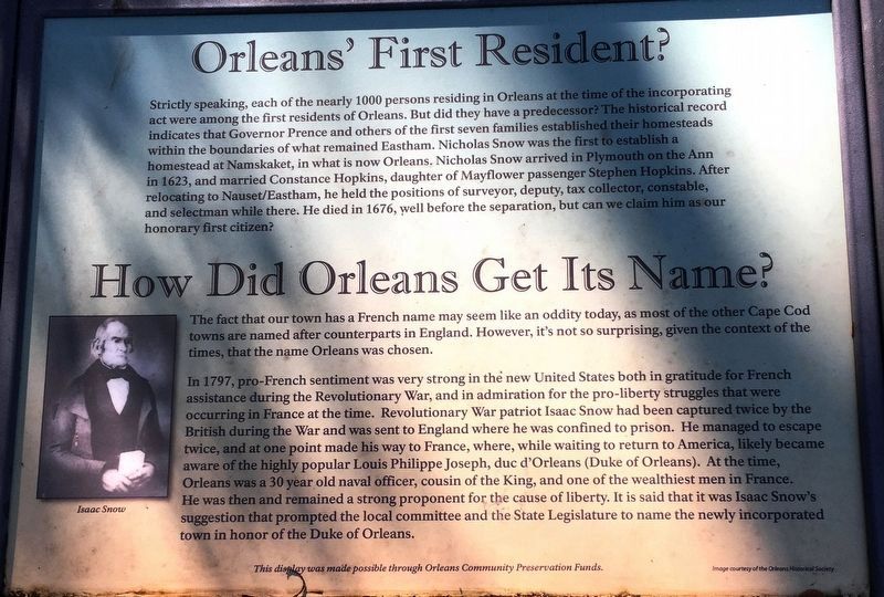 Orleans’ First Resident? How Did Orleans Get Its Name? Marker image. Click for full size.
